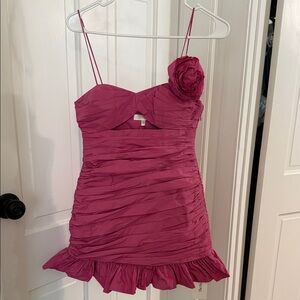 LoveShackFancy Pink Ruched Mini Dress with Floral Accent